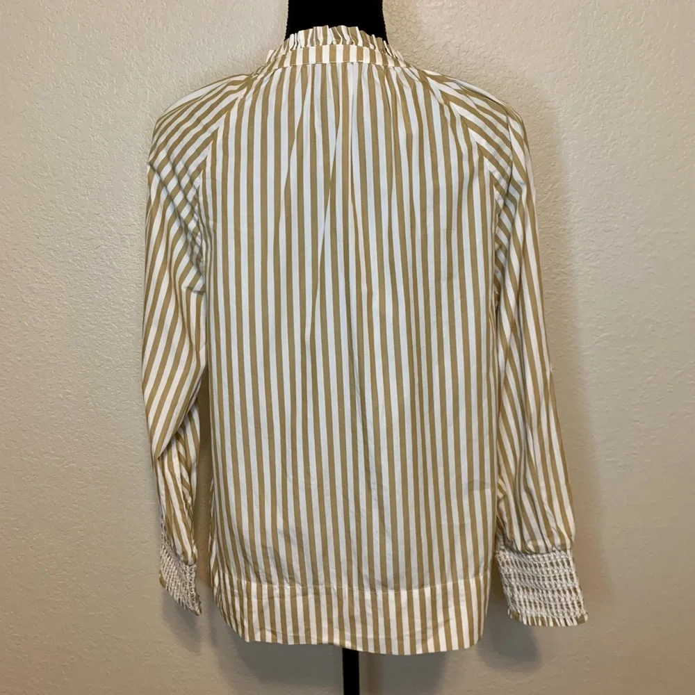 J. Crew ReImagined Popover Top Smocked Cuffs Ruffle Neck Striped Tan White Small